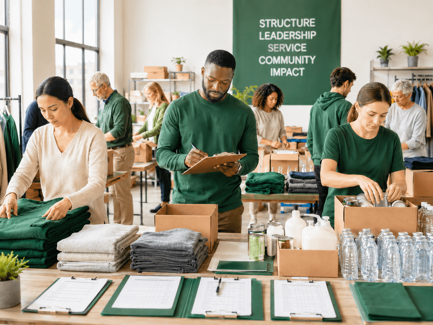 A diverse team organizing clothing, food, water, and service supplies within a structured community workspace.